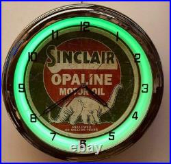 16 Opaline Motor Oil Sign Green Neon Clock Gas Station