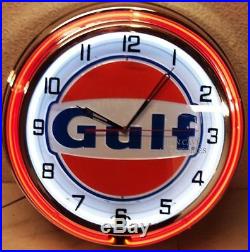18 GULF Gasoline Motor Oil Gas Station Sign Double Neon Clock No Nox Gulftane