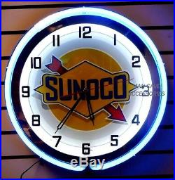 18 SUNOCO Gasoline Motor Oil Gas Station Sign Double Neon Clock