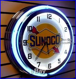 18 SUNOCO Gasoline Motor Oil Gas Station Sign Double Neon Clock