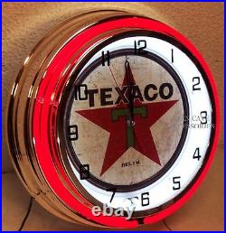 18 TEXACO Gasoline Motor Oil Gas Station Double Neon Clock 1936 Distressed Sign