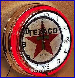 19 TEXACO Gasoline Motor Oil Gas Station Double Neon Clock 1936 Distressed Sign