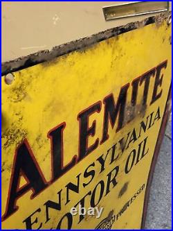 1920s Vintage Double Sided Porcelain ALEMITE PENNSYLVANIA MOTOR OIL metal sign
