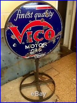 1930's Original Vico Motor Oil Double Sided Porcelain Sign and Curbside Stand