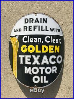 1930's SSP GOLDEN TEXACO MOTOR OIL curved sign 15 porcelain pump plate