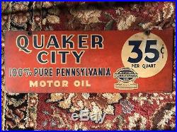 1950 Super Rare Original Quaker City Pennsylvania Motor Oil Sign 20x7.5100%Pure