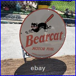 1953 Bearcat Motor Fuel Porcelain Gas & Oil Station Garage Man Cave Sign