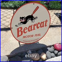 1953 Bearcat Motor Fuel Porcelain Gas & Oil Station Garage Man Cave Sign