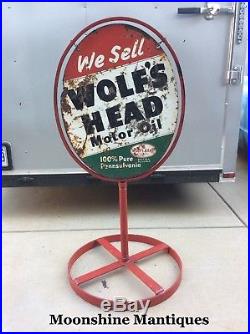 1960s WOLFS HEAD Motor Oil Service Station Curb Sign & Stand Gas & Oil