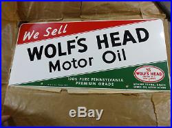 1963 Nos Wolf's Head Motor Oil Can Rack Dst Double Sided Tin Sign Not Porcelain