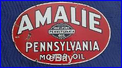 Amalie Pennsylvania Motor Oil Double Sided Porcelain Curb Sign Dated 1932