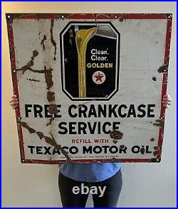 Antique Texaco Motor Oil Free Crankcase Service Porcelain Sign 30 x 30 Vintage