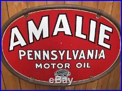 Antique USA 1934 2 Sided Oval Porcelain Amalie Pa Motor Oil Gas Tool Art Sign Us