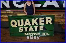 Big Vintage Quaker State Motor Oil Gas Station 72 Metal Sign Wood framed back