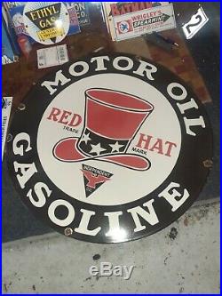 C. 1940s Red Hat Motor Oil Sign Trade Mark Gas Station Sign Independent Oil WOW
