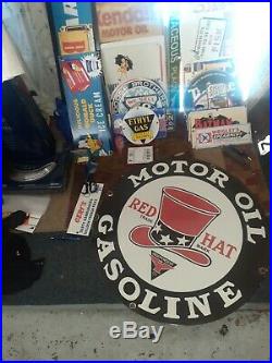 C. 1940s Red Hat Motor Oil Sign Trade Mark Gas Station Sign Independent Oil WOW