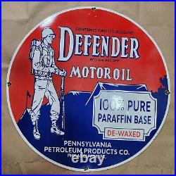 Defender Motor Oil Porcelain Enamel Sign 30 Inches Round