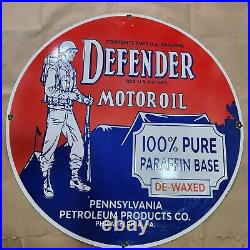 Defender Motor Oil Porcelain Enamel Sign 30 Inches Round
