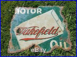 Early 1899 1909 Wakefield Motor Oil D/sided Enamel Sign Green with Oil Can