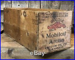 Early MOBILOIL Arctic GARGOYLE SOCONY VACUUM Motor Oil 1 Gal Cans Wooden Crate