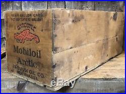 Early MOBILOIL Arctic GARGOYLE SOCONY VACUUM Motor Oil 1 Gal Cans Wooden Crate