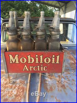 Early Original Gargoyle Mobiloil Artic Diamond Motor Oil Bottles & rack