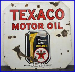 Early c. 1930 Texaco Motor Oil HTF Heavy Porcelain 2-Sided Sign 30 x 30