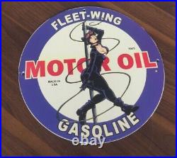 Fleet Wing Motor Oil Gasoline Co Mancave Rare Old Porcelain 11.75 Pinup Sign