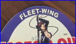 Fleet Wing Motor Oil Gasoline Co Mancave Rare Old Porcelain 11.75 Pinup Sign