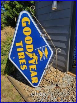 GOODYEAR PORCELAIN ADVERTISING SIGN MOTOR OIL GAS With Original Bracket
