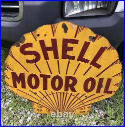 GUARANTEED VINTAGE & ORIGINAL DOUBLE SIDED PORCELAIN SHELL MOTOR OIL SIGN 25x24