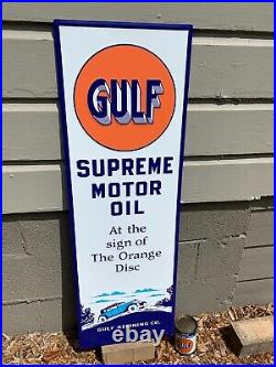 GULF SUPREME MOTOR OIL EMBOSSED METAL SIGN, (42x 14) NEAR MINT, VERY NICE
