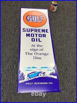 GULF SUPREME MOTOR OIL EMBOSSED METAL SIGN, (42x 14) NEAR MINT, VERY NICE