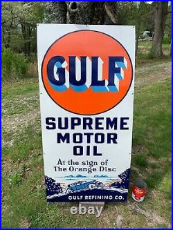 GULF SUPREME MOTOR OIL X-LARGE HEAVY PORCELAIN SIGN (52x 25) NEAR MINT, NICE