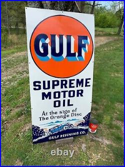 GULF SUPREME MOTOR OIL X-LARGE HEAVY PORCELAIN SIGN (52x 25) NEAR MINT, NICE