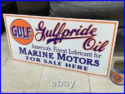 GULFPRIDE MARINE MOTOR OIL EMBOSSED METAL SIGN, (28x 14) NEAR MINT CONDITION