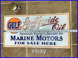 GULFPRIDE MARINE MOTOR OIL EMBOSSED METAL SIGN, (28x 14) NEAR MINT CONDITION