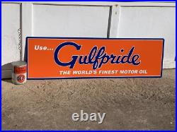 GULFPRIDE MOTOR OIL LARGE EMBOSSED METAL SIGN, (42x 12) NICE SIGN, EXC COND GULFPRIDE MOTOR OIL LARGE EMBOSSED METAL SIGN, (42x 12) NICE SIGN, EXC COND