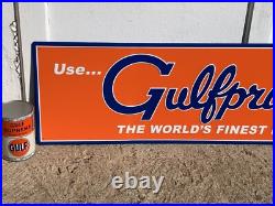 GULFPRIDE MOTOR OIL LARGE EMBOSSED METAL SIGN, (42x 12) NICE SIGN, EXC COND GULFPRIDE MOTOR OIL LARGE EMBOSSED METAL SIGN, (42x 12) NICE SIGN, EXC COND