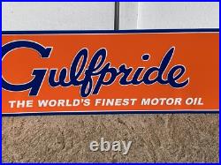 GULFPRIDE MOTOR OIL LARGE EMBOSSED METAL SIGN, (42x 12) NICE SIGN, EXC COND GULFPRIDE MOTOR OIL LARGE EMBOSSED METAL SIGN, (42x 12) NICE SIGN, EXC COND