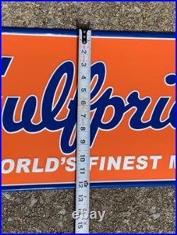 GULFPRIDE MOTOR OIL LARGE EMBOSSED METAL SIGN, (42x 12) NICE SIGN, EXC COND GULFPRIDE MOTOR OIL LARGE EMBOSSED METAL SIGN, (42x 12) NICE SIGN, EXC COND