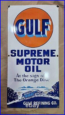 Gulf Supreme Motor Oil Porcelain Enamel Sign 24 X 48 Inches