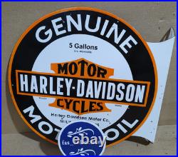 Harley Davidson Motor Oil Porcelain Enamel Sign 19.5 x 17 Inches 2 Sided
