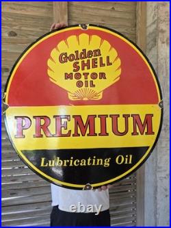 Huge Vintage Golden Shell Motor Oil Porcelain Sign Premium Lubricating Oil 30