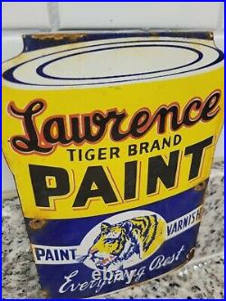 I0ntage Lawrence Porcelain Sign Tiger Paint Can Gas Motor Oil Home Repair Garage