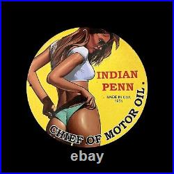 Indian Penn Chief Of Motor Oil Pinup Girl Gas Pump Station Porcelain Enamel Sign