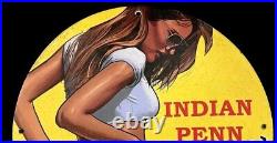 Indian Penn Chief Of Motor Oil Pinup Girl Gas Pump Station Porcelain Enamel Sign