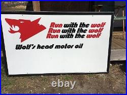 LG. Wolf's Head Motor Oil Gas Station 59 x 35.5'' Metal Sign Run with The Wolf