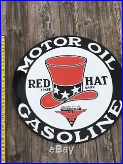 Large 30 Double Sided Red Hat Motor Oil Gasoline Porcelain Sign