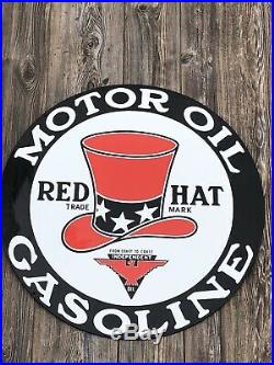 Large 30 Double Sided Red Hat Motor Oil Gasoline Porcelain Sign